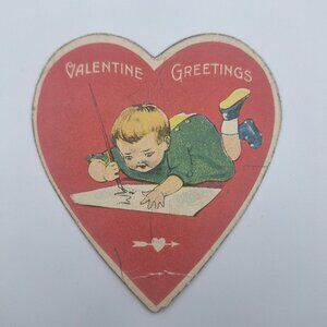 Vintage Valentine Heart Shaped Greeting Card Child Writing Art Deco‎ Era